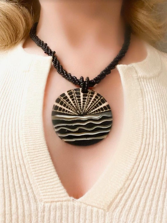 Unique Inlaid Necklace, Three Strand Twisted Black