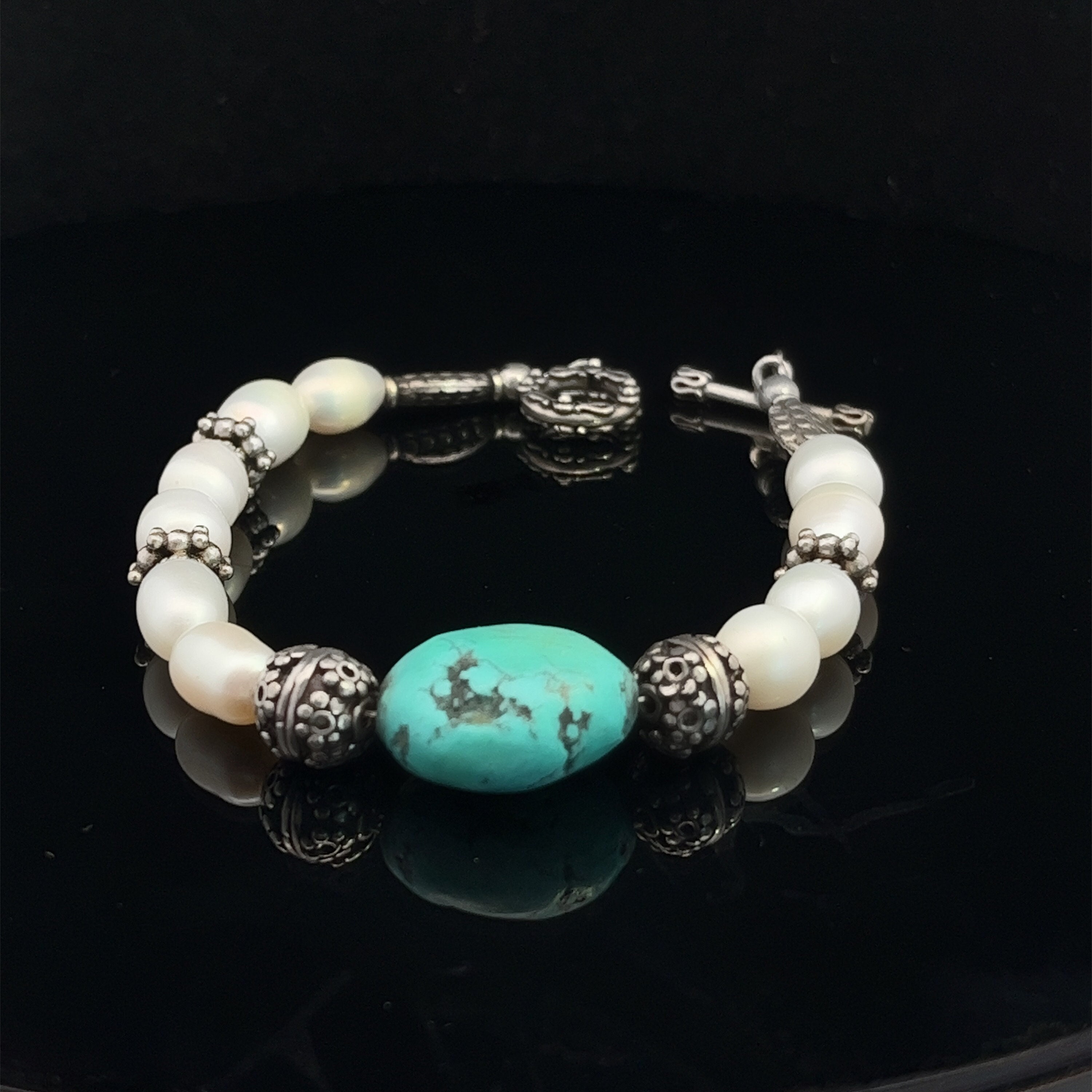 SILVER TAG ■ Aqua Turquoise Pearl Bracelet ブレスレット Turquoise and Freshwater Pearl Bracelet, Large Turquoise