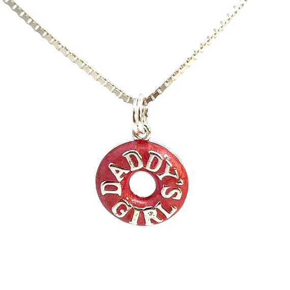 Sterling Silver Charm Necklace, Orange Enamel Charm, Vintage Charm Necklace, Engraved " Daddy's Girl", Round Enamel & 925 Charm