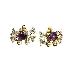 Amethyst Floral Mid Century Screwback/Leverback Earrings, Amethyst, Rhinestones, Tiny Pearls, February Birthstone,Violet, Lavender, Purple