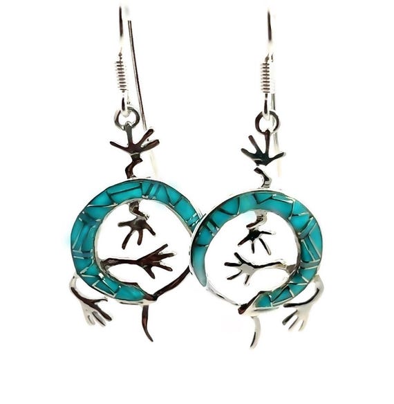 Sterling Silver Inlaid Turquoise Lizard Earrings, Reptile Jewelry, Long Earrings, Gecko Lizard Earrings, 925 Southwestern Jewelry
