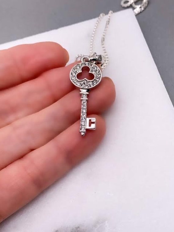 Sterling Silver Clover Key Pendant CZ Key Necklace