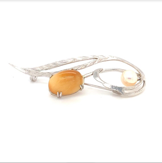 Gold Agate and Pearl Silver Brooch/Pin, Feminine S