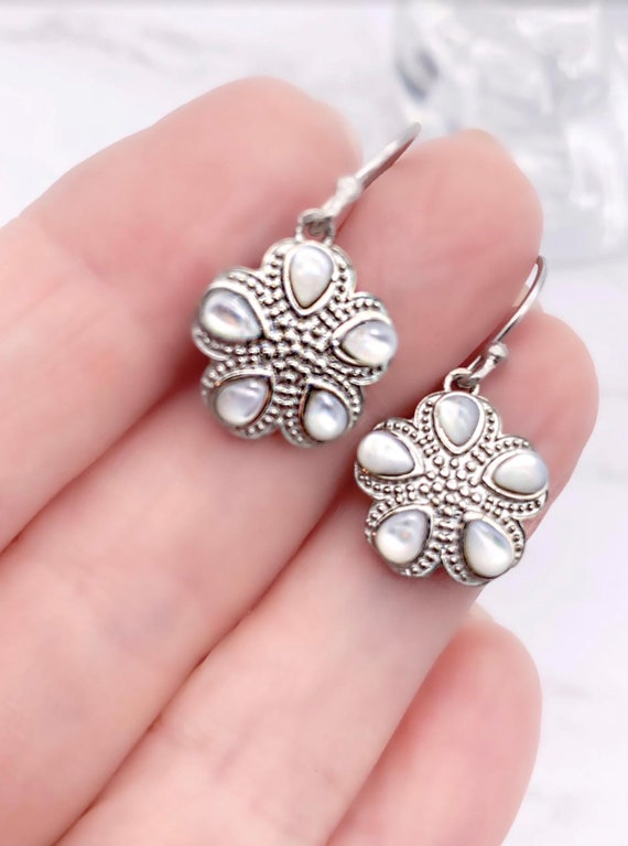 Mother of Pearl Sand Dollar Floral Earrings,  Ste… - image 1