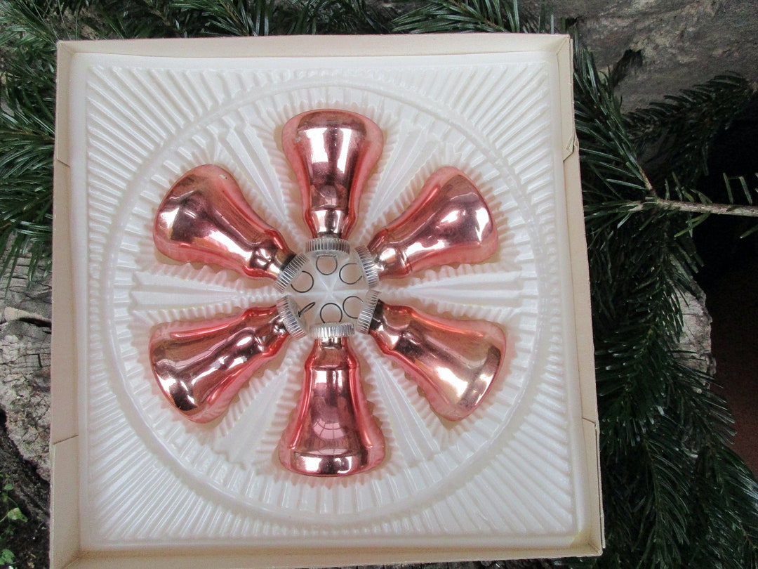 Set of 6 P. Vintage Red Christmas Glass Bell Ornaments, Rustic Shabby