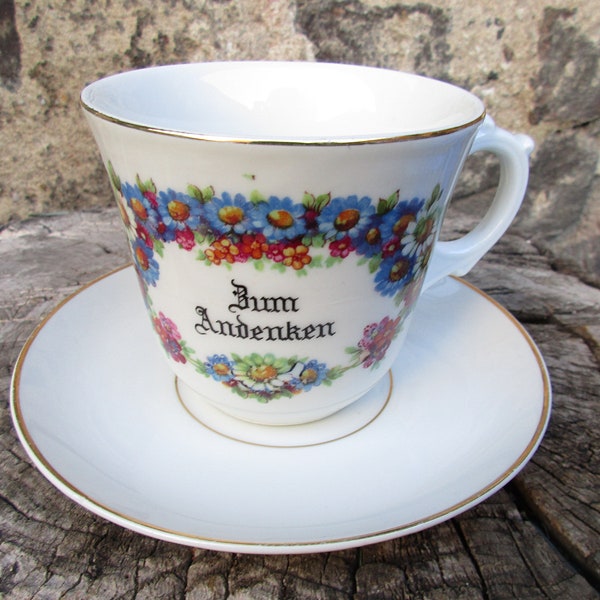 Old German Vintage Porcelain Cup and Saucer ZUM ANDENKEN/ In Memory Cup with Flowers and Golden Rim