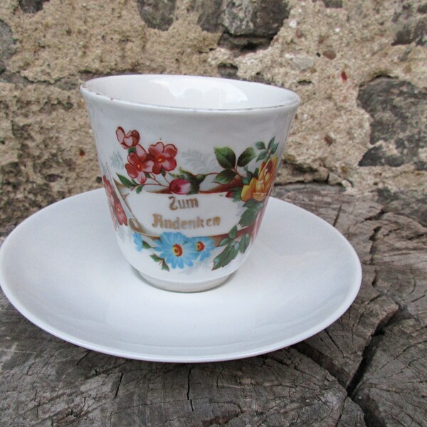 Antique German Vintage Porcelain Cup and Saucer ZUM ANDENKEN/ In Memory Cup with Flowers and Golden Rim