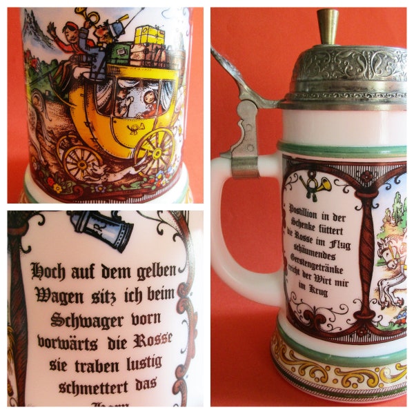 Schöner deutscher Vintage Bayerischer rustikaler Bierkrug, weißes Glas, Hoch auf dem Gelben Lohn, deutsches Volkslied, Zinndeckel, Made in Germany