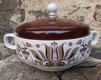 Vintage White and Dark Brown Rustic Soup Tureen, Company Eschenbach, Marked Bavaria Germany, Porcelain Material,