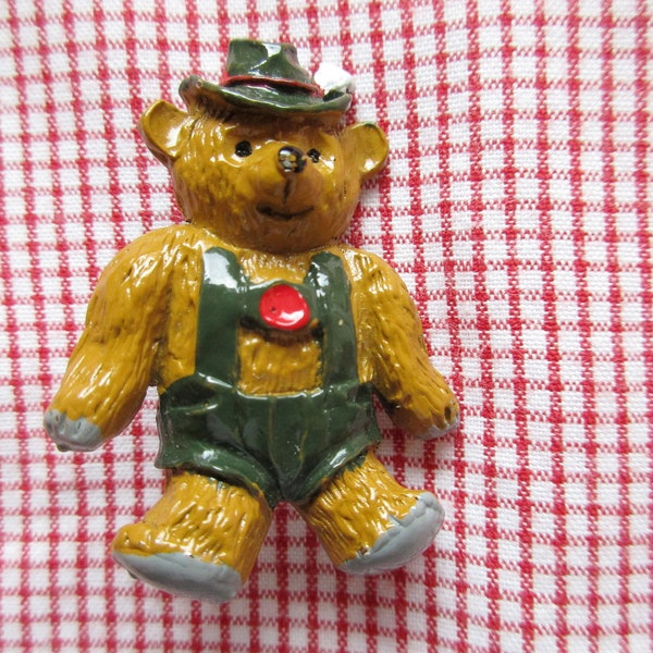 Kitschy Vintage Bavarian Teddy bear Boy in Lederhosen Traditional Costume, Tin Brooch Hatpin Jewelry Pin, Vintage from the 70s/ 80s