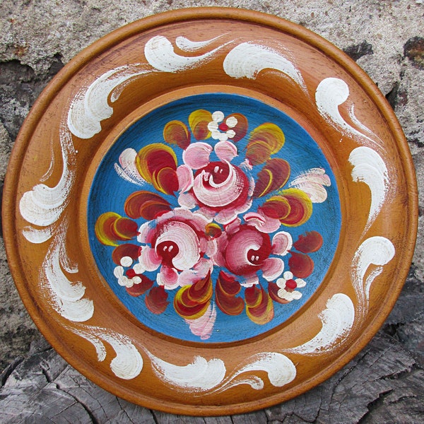 Rustic Vintage Folk Art Hand painted Wooden Wall Plate with Bauernmalerei Rustic Folk Art Wall Plate