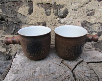 Set of 2 p. Vintage Brown and Black Ceramic Feuerzangenbowle Cups with Handles, Red Hot German Mulled Wine, Vintage from the 70s