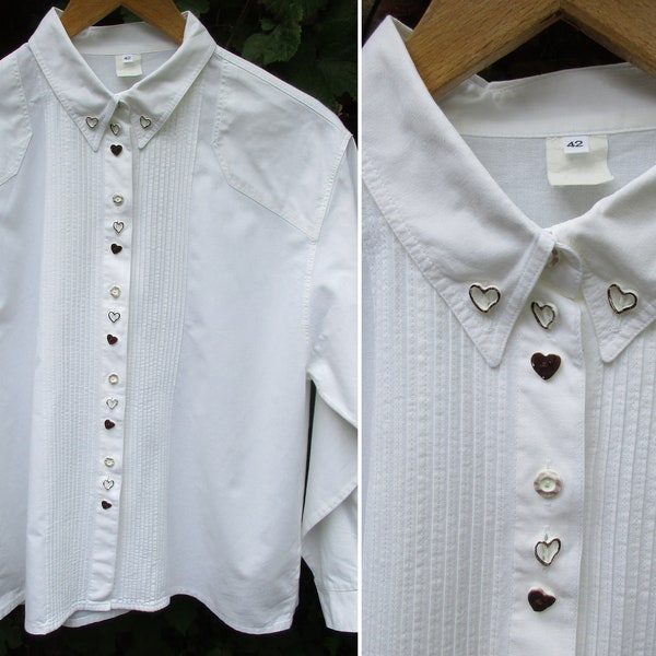 Vintage Rustic White Long Sleeved Trachten Blouse with Heart Buttons, Size XL/ German 42/ US 14/ UK 16, Autumn Winter Blouse