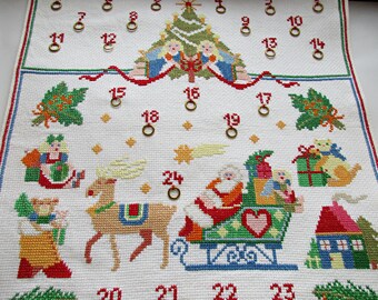 Handmade Vintage Handembroidery Crosstitch Advent Calendar for kids, Vintage 70s, Handmade Calendar, Fabric Material with Metal Hooks