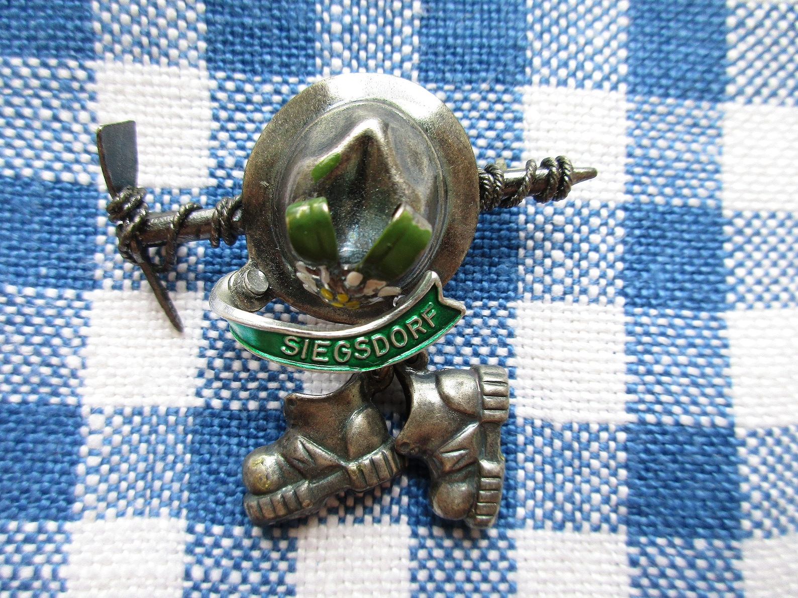 Bavarian Vintage Metal Hatpin with Hat and Dangling Hiking Boots, Brooch Jewelry Pin, Souvenir Pin from SIEGSDORF BAVARIA