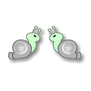 May include: Two cartoon snails facing each other. The snails are green with black eyes and a gray shell that resembles a turbocharger.