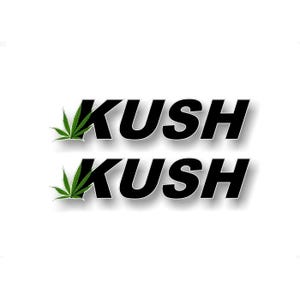 2- KUSH Cannabis Leaf 2''x 9'' Vinyl Decals Marijuana Weed Pot Glass Bong Storage Case 4x4 Offroad Truck Vinyl Stickers