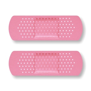 May include: Two pink adhesive bandages with white polka dots. The bandages are rectangular with rounded edges.