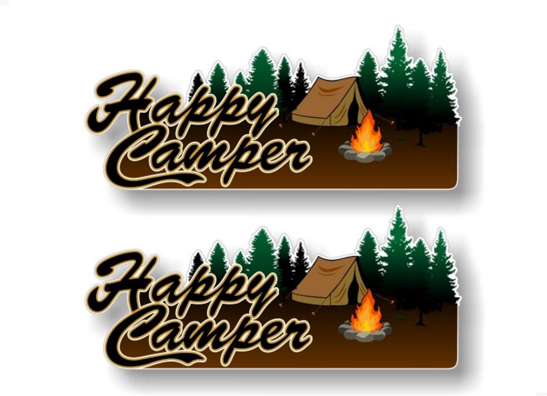 2 Happy Camper 9'' Vinyl Decals Camping Tenting Campsite Backwoods Camp