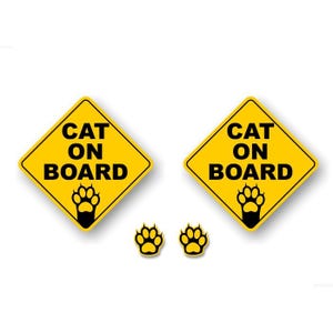 4 Aufkleber-Set - 2 Katze an Bord Diamant-Aufkleber und 2 Gelbe Pfotenabdrücke Aufkleber Sicherheit Fahrzeug an Bord Vorsicht Minivan Suv Auto-Vinyl-Aufkleber
