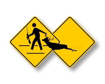 Hunter Dragging Killed Deer Yellow Diamond Crossing Decal Xing Zone Parody Novelty Truck Vehicle Vinyl Sticker