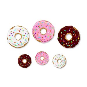 6 Iced CARTOON DONUTS 3- 4" and 3- 2.5" Vinyl Decals w Sprinkles Donut Shop Coffee Machine Menu Board Display Concession Trailer Stickers