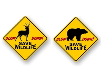 2 SLOW DOWN Save Wildlife 7" Decals Yellow Diamond Car Sticker Caution Sign Bear and Deer Warning Don't Speed Vinyl Stickers