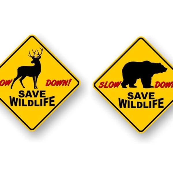 2 SLOW DOWN Save Wildlife 7" Decals Yellow Diamond Car Sticker Caution Sign Bear and Deer Warning Don't Speed Vinyl Stickers