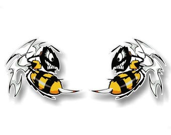 2 'WICKED BEE' Fighting Bee 5" Vinyl Decals Snowmobile Sled Trailer Sledding Gift 4x4 Offroad Truck Stickers