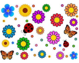 44 Piece FLOWER POWER Vehicle Vibrant Decal Set 60's Flower Car Kit 60's Hippie Windshield Car Truck or SUV Accessories Vinyl Sticker