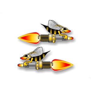 May include: Two yellow and black cartoon bees flying on a spark plug with a flame coming out of the back. The bees are holding onto the spark plug with their legs.