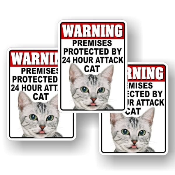 3 Warning 24 Hour ATTACK Cat 4" Decal Stickers Security Warning Sign Kitty Alert Vinyl Sticker Decals