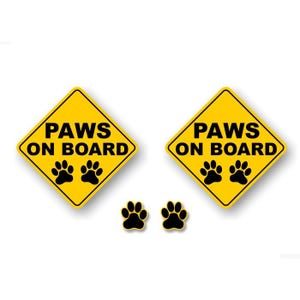 2 PAWS on Board Decals with 2 Paw Prints Yellow Diamond Warning Car Sticker Dog Cat Vehicle Dogs Cats Onboard Caution Van SUV Vinyl Stickers