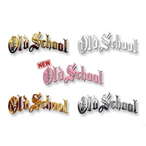 May include: Five variations of the phrase "Old School" in different colors and styles. The phrase is written in a stylized font. The colors are gold, silver, pink, black, and white.