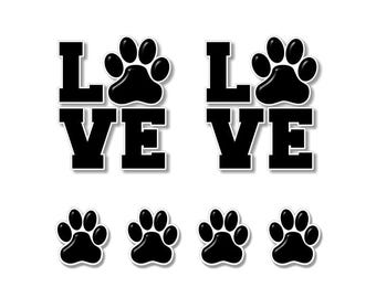 6 stickerset - 2 PAW LOVE 5" stickers hond en kat en 4 pootafdrukken kitten puppy voetafdruk vinylstickers auto SUV vrachtwagen of dierenasiel (6 stickers)