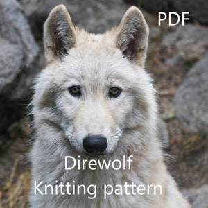 May include: A close-up of a white wolf's face. The wolf has brown eyes and a black nose. The image is labelled "Direwolf Knitting pattern" and "PDF".