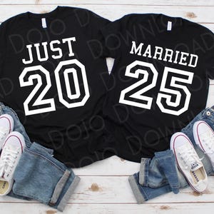 Just Married 2025, Koszulki dla par, Koszulki dla panny młodej i pana młodego, Panna młoda i pan młody SVG, DIY miesiąc miodowy, Dopasowane koszulki, Pary po ślubie 2025, 2025