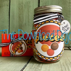 May include: A glass jar filled with chocolate pieces and a tag that says "I love you to pieces" and "From: Jack".