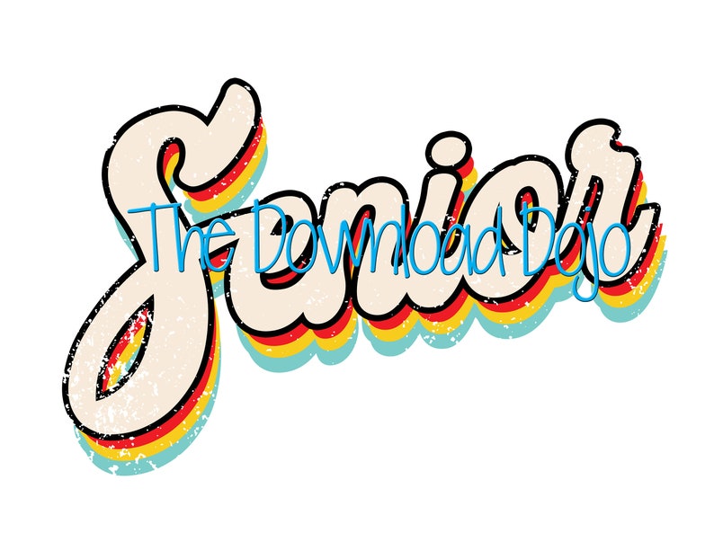 Puede incluir: Dise&ntilde;o gr&aacute;fico de estilo retro con la palabra "Senior" en una fuente colorida y en capas con una textura desgastada.