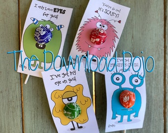 Monster Valentines, Cute Valentine, Tootsie Pop Valentines, Candy Valentines, Instant Download, Printables, Sucker Valentine's Day Cards