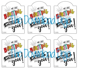 Bursting with Appreciation Gift Tag, Starburst Printable, Starbursts, Teacher Appreciation, Thank You Gift Tag, Instant Download, Printable