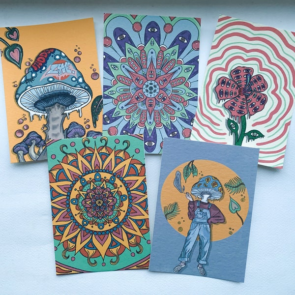 A6 psychedelic postcards || Set of 5