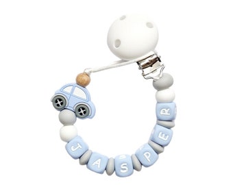 Volle Silikon Handmade Personalisierte Dummy Schnuller Clip Kette Auto Silikon Clip Junge Blau Grau Weiß Baby Shower Geschenk vorhanden Taufe
