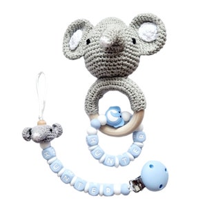 Personalised Silicone Dummy Clip – Pale Blue Elephant Design, Baby Pacifier Holder, Safe, Adjustable, Baby Shower Gift