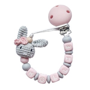 Personalized Silicone Dummy Clip: Crochet Bunny, Pink & Grey Pacifier Chain