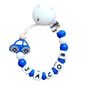 Full Silicone Handmade Personalised Dummy Pacifier Clip Chain With Silicone Clip Girl Boy Blue Car White Baby Shower Gift Christening