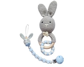 Personalized Crochet Rabbit Rattle & Silicone Pacifier Clip Set