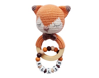 Personalised Crochet Fox Rattle | Sensory | Newborn | Christening | Amigurumi | Girl | Boy | Babies | Baby Shower | Brown | Baby | Woodland