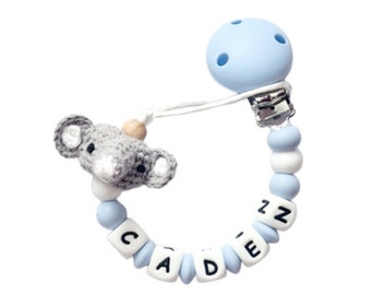 Full Silicone Handmade Personalised Dummy Pacifier Clip Chain With Silicone Clip Boy Blue White Baby Shower Crochet Elephant