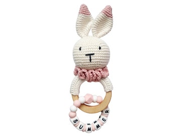 Personalised Crochet Bunny Rattle | Sensory | Rabbit | Newborn | Christening | Boy | Girl | Babies | Baby Shower | Cream Baby Pink